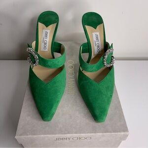 Jimmy Choo Emerald Green Mules with Crystal Buckle